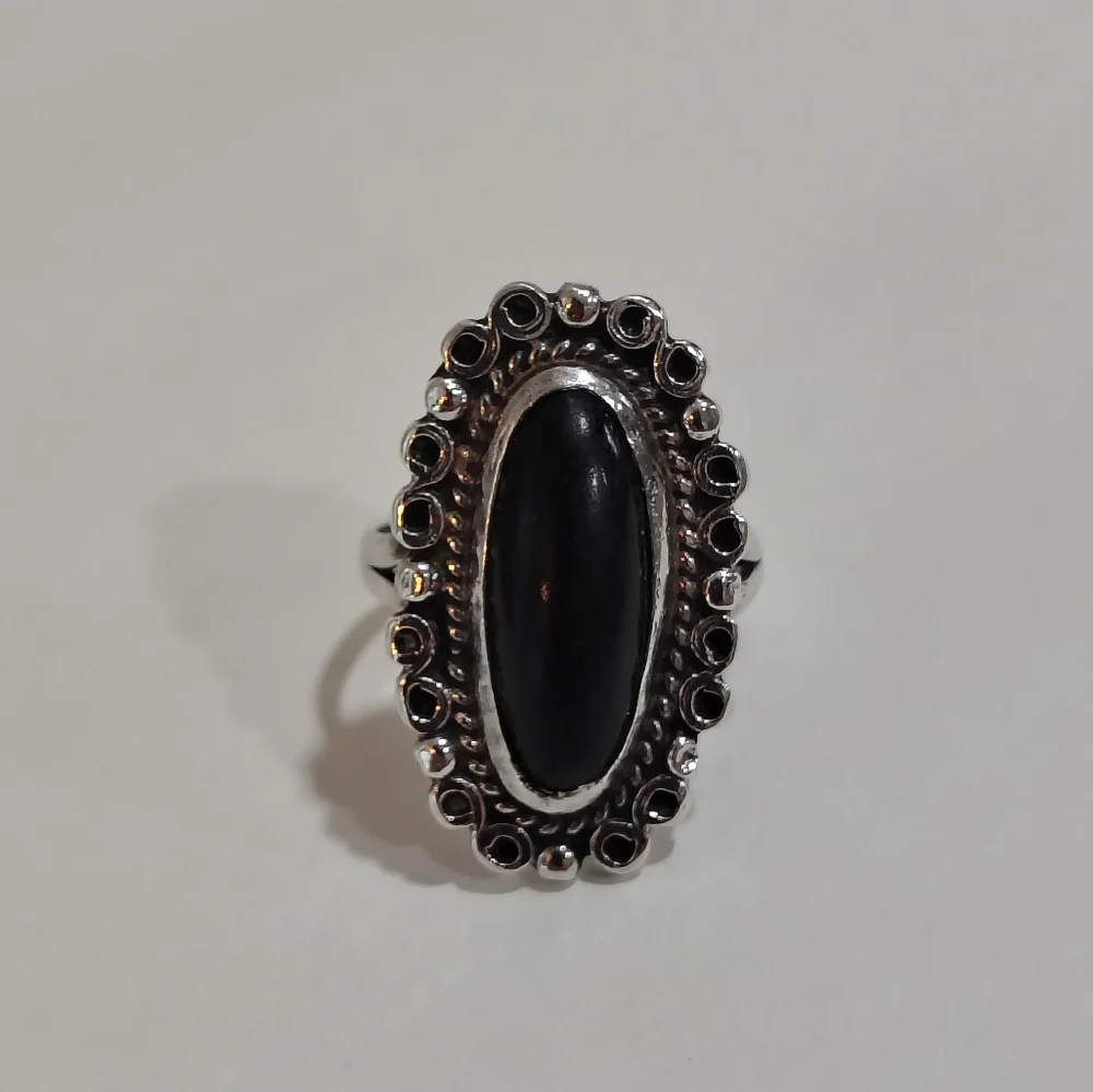 Sterling Silver‎ 925 Mexico Black Onyx Statement Ring Boho Gothic 7.5 Vintage
